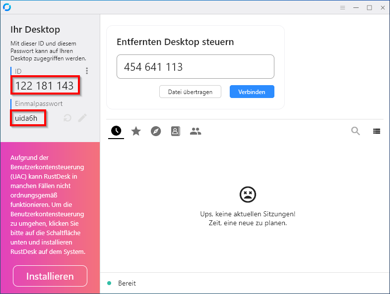 Fernwartungs-Fenster RustDesk